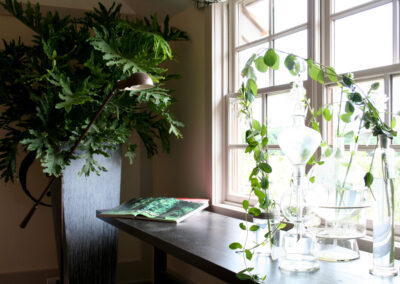 Sunny study with greenery and apothecary inspired glass sculptures