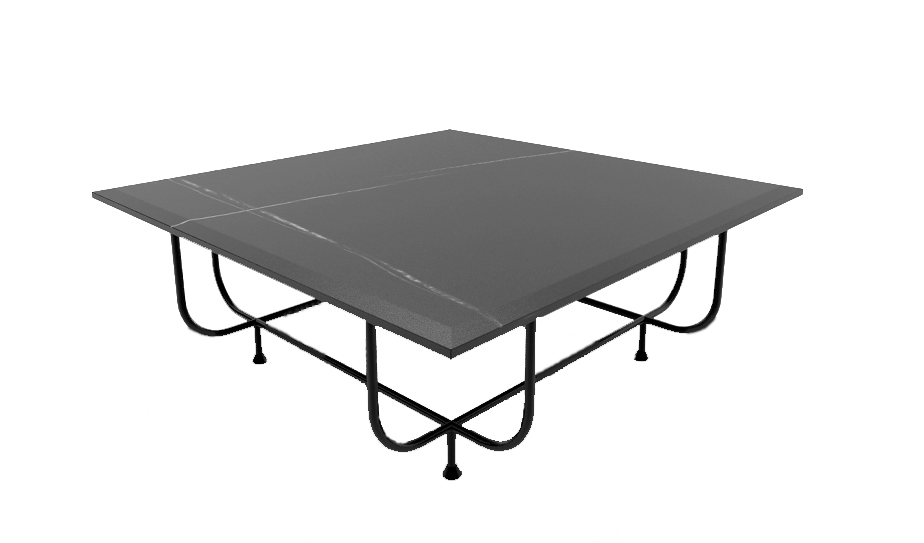 Square coffee table with black marble top and curved iron legs