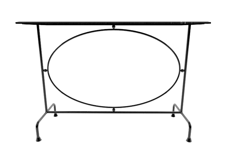 Side view of console table with forged steel legs and an oval in the center