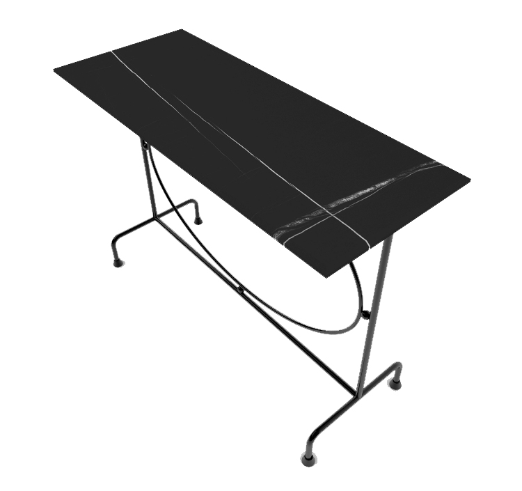 Rectangle table with black marble top and iron base with an oval in the center